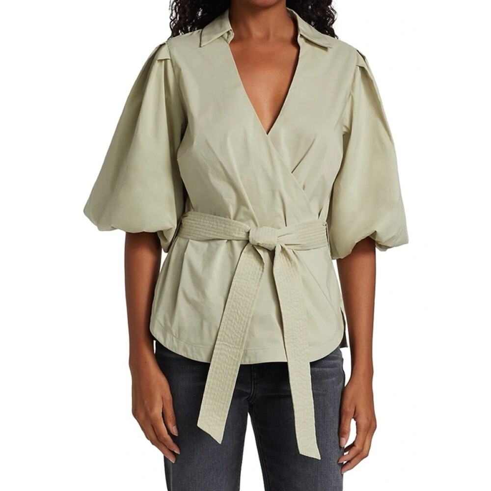 Jonathan Simkhai Waverly Bubble Sleeve Collared Tie Waist Wrap Blouse Thyme Sage